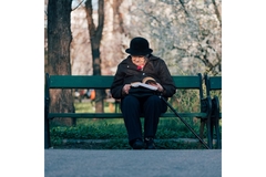 Old lady reading a book sitting on a park bench